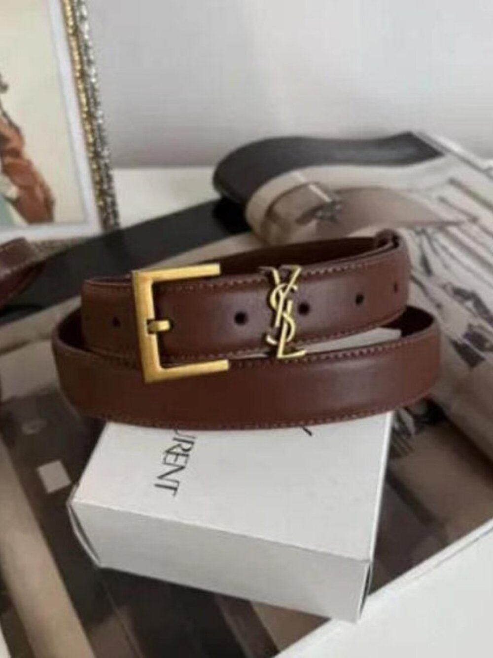 Saint Laurent Dark Brown Belt 90cm - Gold YSL Buckle with Box & Dust Bag - Picture 6 of 6